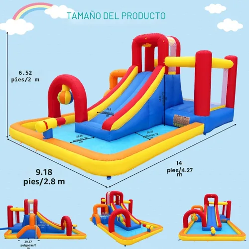 Vista 7 de Hongcoral Casa de Rebote Inflable con Curso de Obstáculos con Tobogán Húmedo o Seco, Piscina de Bolas, Pared de Escalada, Bola de Boxeo, Pequeño