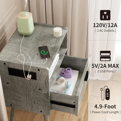 Vista 57 de Mesita de noche moderna de mediados de siglo con estación de carga, mesitas de noche con cajón de cristal, mesa auxiliar con espacio
