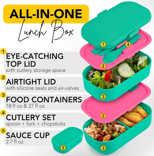 Vista 47 de Lonchera Bento apilable aislada para adultos con palillos reutilizables, lonchera japonesa apta para microondas y a prueba de fugas, para hombres