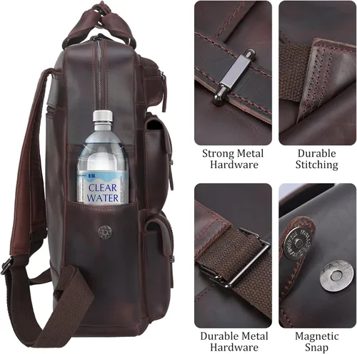 Vista 8 de Polare - Mochila de piel de vaca para computadora portátil, mochila de viaje con cremalleras de metal YKK