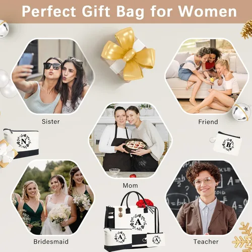 Vista 10 de Monogram - Bolsas de lona personalizadas con iniciales para mujer, bordado de doble cara, bolsas de playa, regalos para mujeres