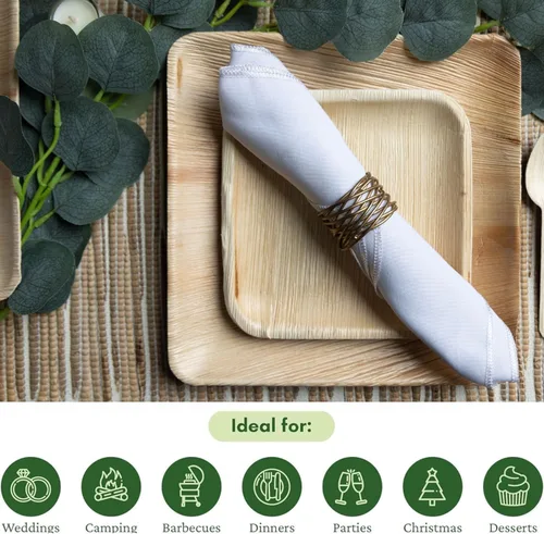 Vista 4 de Paquete de 50 platos de hoja de palma Dtocs ecológicos, compostables, naturales, sin BPA, orgánicos desechables para boda, camping, cena