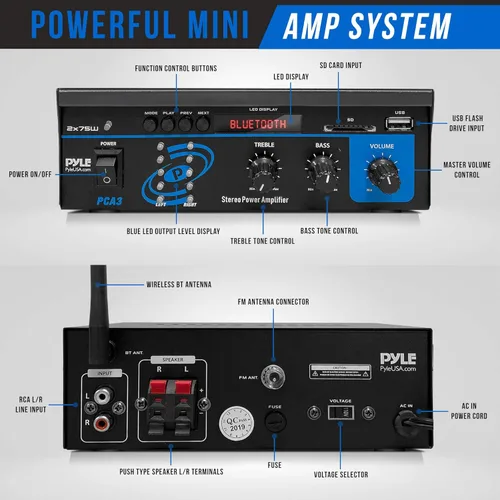 Vista 2 de Pyle - Sistema de amplificador de potencia de audio Bluetooth casero - Caja receptora de sonido estéreo mini de doble canal 2X75W con LED - Para
