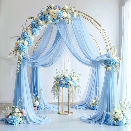Vista 6 de Tela drapeada para arco de boda, 2 paneles de 18 pies, cortina de telón de fondo transparente azul bebé, cortina de gasa para boda, arco, ceremonia