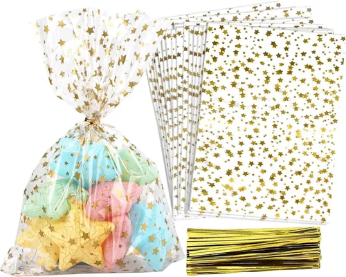 Vista 41 de COQOFA 100 piezas de bolsas de regalo con sello autoadhesivo impresas con estrellas, bolsas de celofán para envolver regalos, bolsas para sorpresas