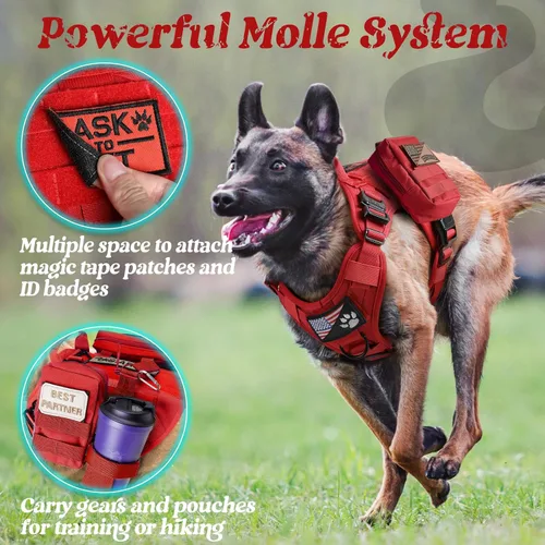 Vista 7 de rabbitgoo Arnés táctico para perros grandes, arnés resistente con asa, chaleco para perros de servicio sin tirones, para razas grandes, arnés Rojo