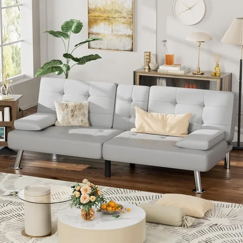 Vista 7 de JUMMICO Sofá futón de piel sintética con reposabrazos extraíbles, sofá cama ajustable con 2 portavasos para sala de estar (piel sintética, blanco)