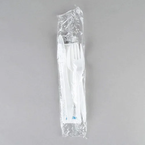 Vista 2 de 250 paquetes de cubiertos de plástico blanco, cubiertos desechables envueltos individualmente