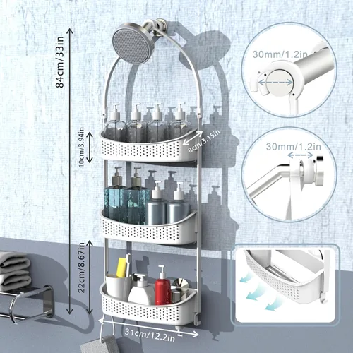 Vista 2 de Heavy duty shower caddy hanging; 3 tiers supper large plastic shower basket over the showerhead; never rust baskets over the door, shower organizer