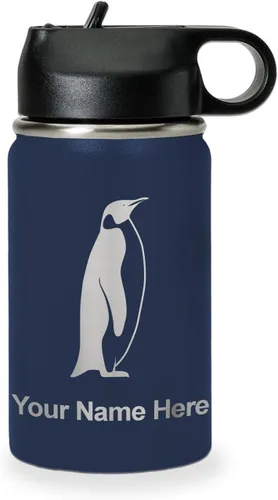 Vista 17 de LaserGram Botella de agua personalizada, pingüino, acero inoxidable de doble pared aislada al vacío con popote superior, regalo grabado Negro