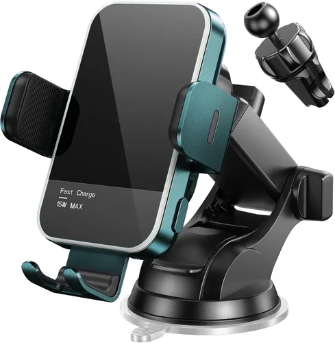 Cargador inalámbrico para automóvil, retroiluminación LED de 7 colores: soporte de montaje para teléfono con sujeción automática de 15 W para iPhone