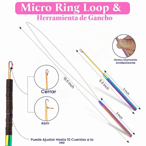 Vista 6 de Beauty & Crafts Herramientas de extensión de cabello, juego de alicates de acero inoxidable para microcuentas, 1 aguja de ganchillo, 1 gancho de Rosa
