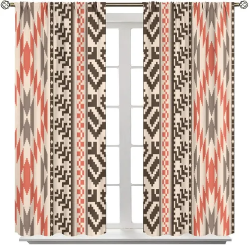 Vista 8 de Cortinas con patrón geométrico tribal, estilo suroeste, azteca, rústico, occidental, nativo americano, opacas, con bolsillo para barra, decoración