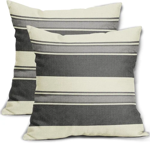 Vista 20 de Juego de 2 fundas de almohada a rayas negras y marrones de 16 x 16 pulgadas, diseño de rayas bohemias con estampado de rayas color crema, fundas