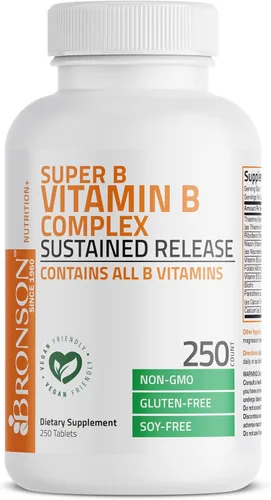 Vista 24 de Bronson Complejo de vitamina B Super B de liberación lenta sostenida (vitamina B1, B2, B3, B6, B9 - ácido fólico, B12) contiene todas las vitaminas