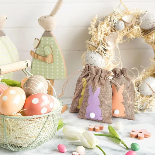 Vista 6 de 24 bolsas de arpillera de Pascua con cordón, bolsas de arpillera de yute de Pascua, bolsa de regalo de arpillera de conejo, bolsas de dulces
