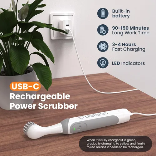 Vista 2 de LifeBasis Cepillo de limpieza eléctrico inalámbrico, resistente al agua, pequeño cepillo de lechada eléctrico con 5 cepillos para el hogar, cocina