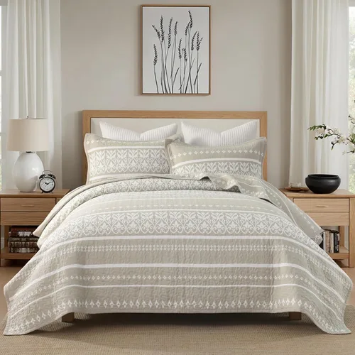 Vista 7 de Juego de edredón 100% algodón tamaño Queen – Juego de ropa de cama bohemio beige y blanco – Juego de edredón bohemio a rayas con 2 fundas