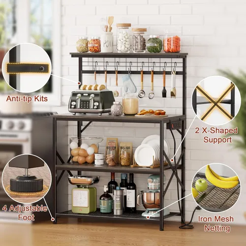 Vista 50 de Furologee Estante para hornear de cocina con toma de corriente, soporte para horno de microondas con almacenamiento de 4 niveles, mesa de café con 6