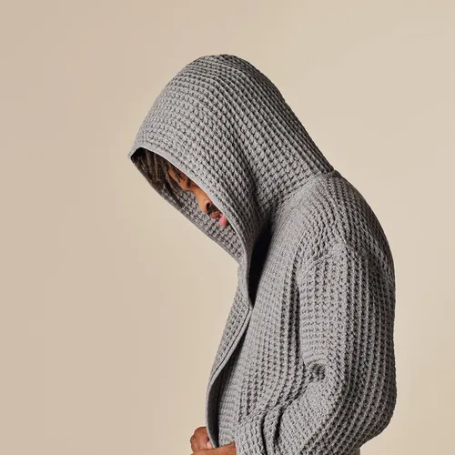 Vista 8 de ONSEN Bata de baño tejido de gofre 100% algodón Supima con capucha, bata de baño de punto gofre de absorción rápida, unisex de algodón