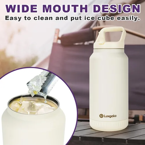 Vista 4 de Botella de Agua Aislada de 64 oz, Vaso Térmico de Acero Inoxidable al Vacío de Medio Galón con Tapa de Pajita Abatible y Asa Superior - Mantiene