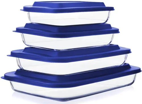 Vista 4 de Juego de 8 platos para hornear de vidrio profundo con tapas de plástico, juego de utensilios rectangulares de vidrio con tapas, moldes para hornear