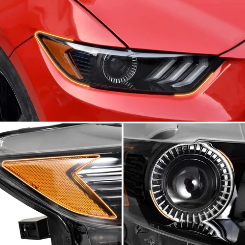 Vista 4 de KEWISAUTO Conjunto de faros delanteros para Ford Mustang 2015-2017, carcasa negra, lente transparente, repuesto para Ford Mustang 2015 2016 2017