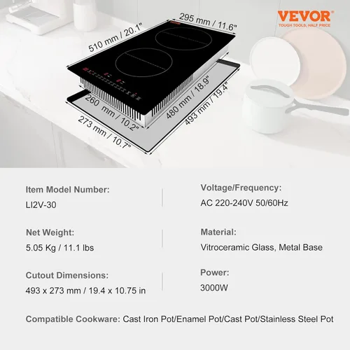 Vista 7 de VEVOR Placa de cocina eléctrica, 2 quemadores, estufa de inducción de 12 pulgadas, estufa magnética integrada de 3000 W, quemador multifuncional