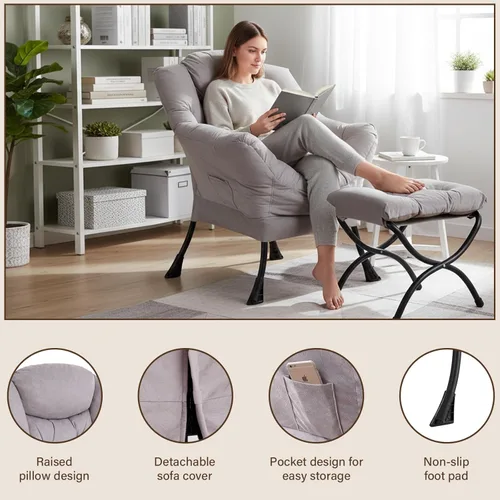 Vista 282 de Welnow Silla Lazy con otomana, moderna silla de descanso con reposabrazos y un bolsillo lateral, sillón para sofá de ocio, sillón de lectura