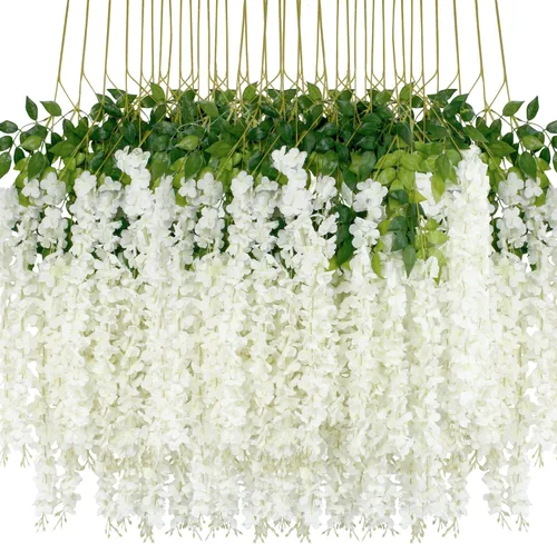 Vista 12 de 12 piezas de flores artificiales de glicinia de 3.6 pies por pieza, vid artificial blanca densa, guirnalda colgante de seda, flores artificiales
