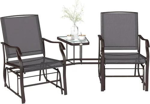 Vista 11 de Outsunny Sillas planeadoras para exteriores con mesa auxiliar, mecedora de 2 asientos para patio, sofá biplaza con correa transpirable para patio