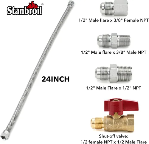 Vista 2 de Stanbroil - Juego de enganche para electrodomésticos a gas de una parada universal. Válvula de bola de gas y conector de gas flexible de bronce