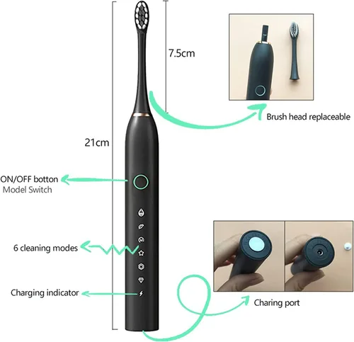 Vista 4 de Cepillo de dientes eléctrico Sonic Carga USB automática Temporizador inteligente de 6 velocidades IPX7 Impermeable Viaje con 8 cabezales Negro
