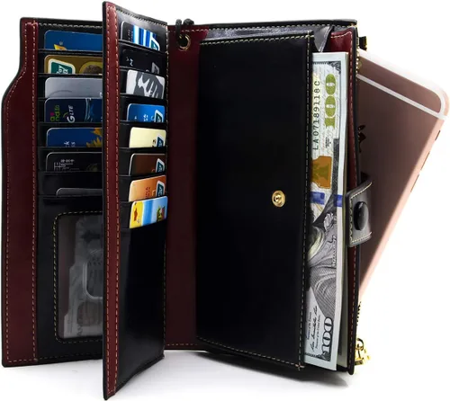Vista 3 de ANDOILT Cartera de cuero genuino con bloqueo RFID para mujer, de gran capacidad, de lujo, con cera, tarjetero, organizador