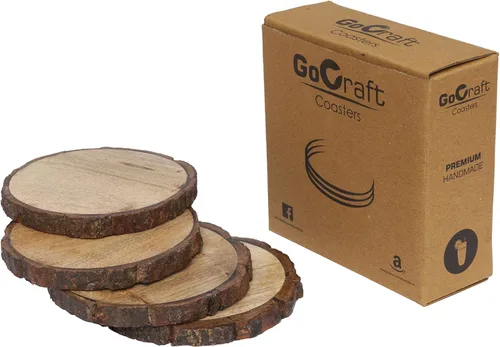 Vista 2 de GoCraft Juego de 4 posavasos de madera natural con corteza de árbol, posavasos de madera de mango para bebidas, bebidas, copas de vino, vasos
