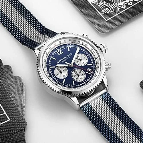 Vista 2 de Stuhrling Original Reloj de vestir para hombre - Reloj de pulsera cronógrafo con taquímetro subdial de 24 horas, Azul-A, Cronógrafo