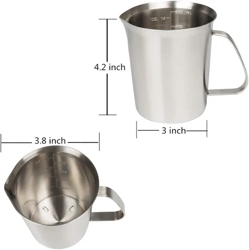 Vista 3 de Taza medidora de acero inoxidable (16 onzas/0.5 litros- 2 tazas), jarra de espuma de leche, jarra para vaporizar, jarra de espuma de leche