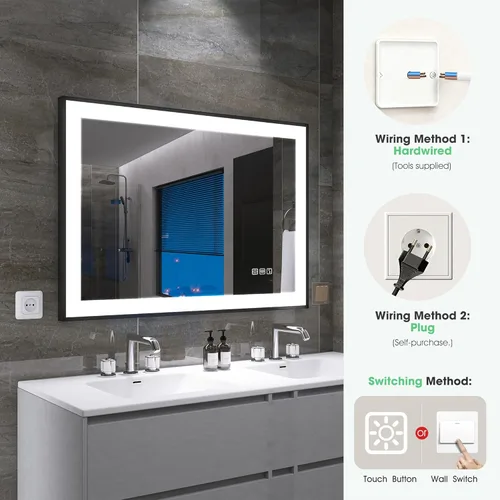 Vista 8 de S·BAGNO - Espejo de baño LED de 40 x 28 pulgadas con marco negro, espejo LED para baño, altavoz Bluetooth integrado, brillo regulable, cambio