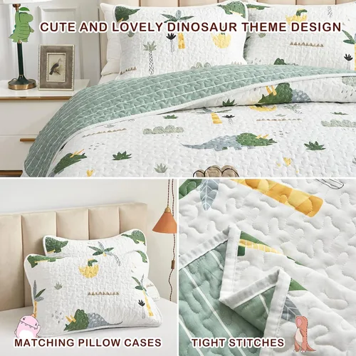 Vista 5 de Joyreap Juego de edredón de algodón de 2 piezas, tamaño individual, diseño de dinosaurio color verde para niños y niñas, funda de edredón suave