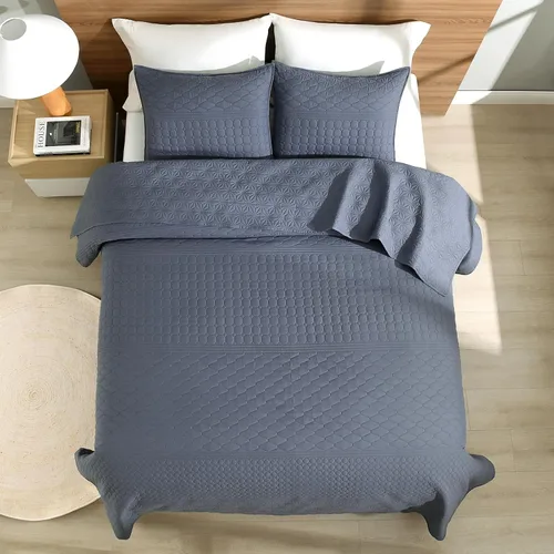 Vista 4 de HORIMOTE HOME Juego de Edredón Tamaño Queen Azul Acero - Colcha de Microfibra Suave con 2 Fundas, Cobertor Geométrico Ligero y para Todas
