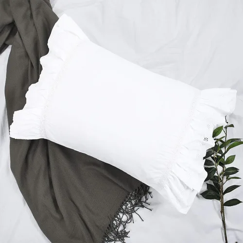 Vista 2 de Juego de 2 fundas de almohada con ojales de encaje con volantes, color blanco, estilo rústico y elegante, de algodón, con bordado, floral