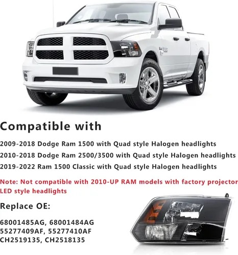 Vista 2 de APSVE: Juego de faros delanteros compatibles con Dodge Ram 1500 modelo 2009 a 2018, 2010-2018 Ram 2500 3500 luz halógeno faro delantero