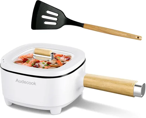Vista 13 de Audecook Olla Caliente Eléctrica 2L, Sartén Antiadherente con Esmalte Cerámico de 8 Pulgadas, Olla de Viaje Portátil para Ramen/Filete/Arroz