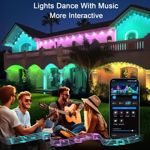 Vista 6 de iYogaled Luces exteriores permanentes para casa, 50 pies de luces de borde exterior inteligentes RGB con 63 modos de escena, luces LED impermeables
