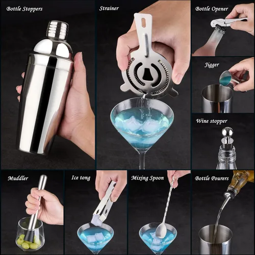 Vista 4 de Juego de coctelera de camarero: kit de camarero de acero inoxidable de 15 piezas con barras acrílicas con todos los accesorios prácticos de barras