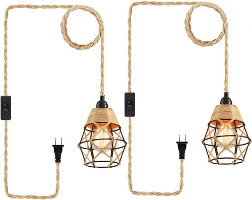 Vista 9 de Lámpara colgante enchufable, lámpara colgante industrial con cable de enchufe, cuerda de cáñamo, interruptor de encendido/apagado, lámpara colgante