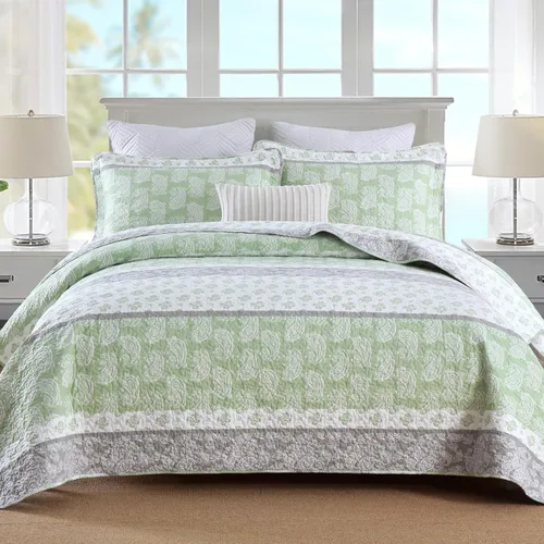 Juego de edredón de algodón tamaño King, juego de ropa de cama verde y gris, colcha a rayas, juego de edredón ligero de verano de 3 piezas de MEIZIZI