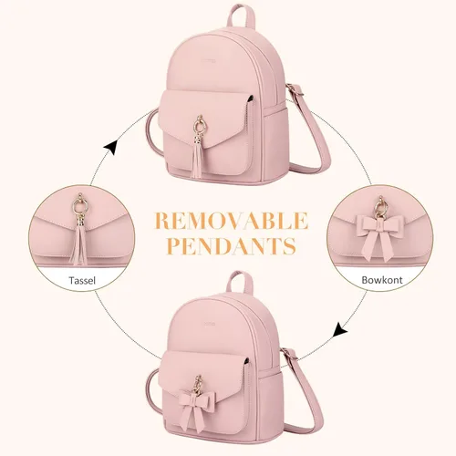 Vista 4 de ECOSUSI Mini mochila para mujer, bonita mochila pequeña con lazo, bolsa de cuero, con borla