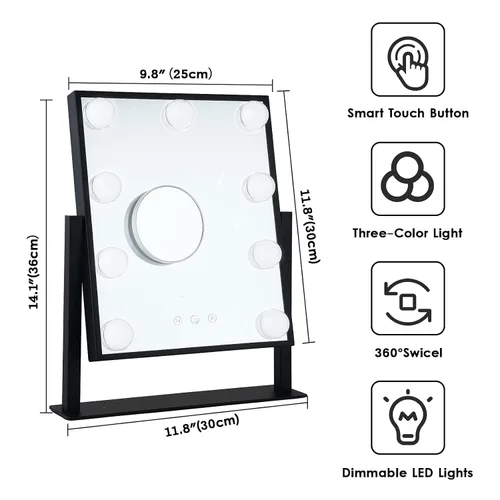 Vista 7 de BWLLNI Espejo de maquillaje iluminado Hollywood, espejo de tocador con luces, diseño de control táctil de 3 colores, bombillas LED regulables, Negro