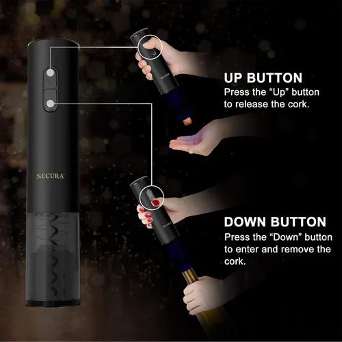 Vista 5 de Secura Abridor de vino eléctrico, sacacorchos eléctrico automático de botellas de vino con cortador de papel de aluminio, recargable (negro)
